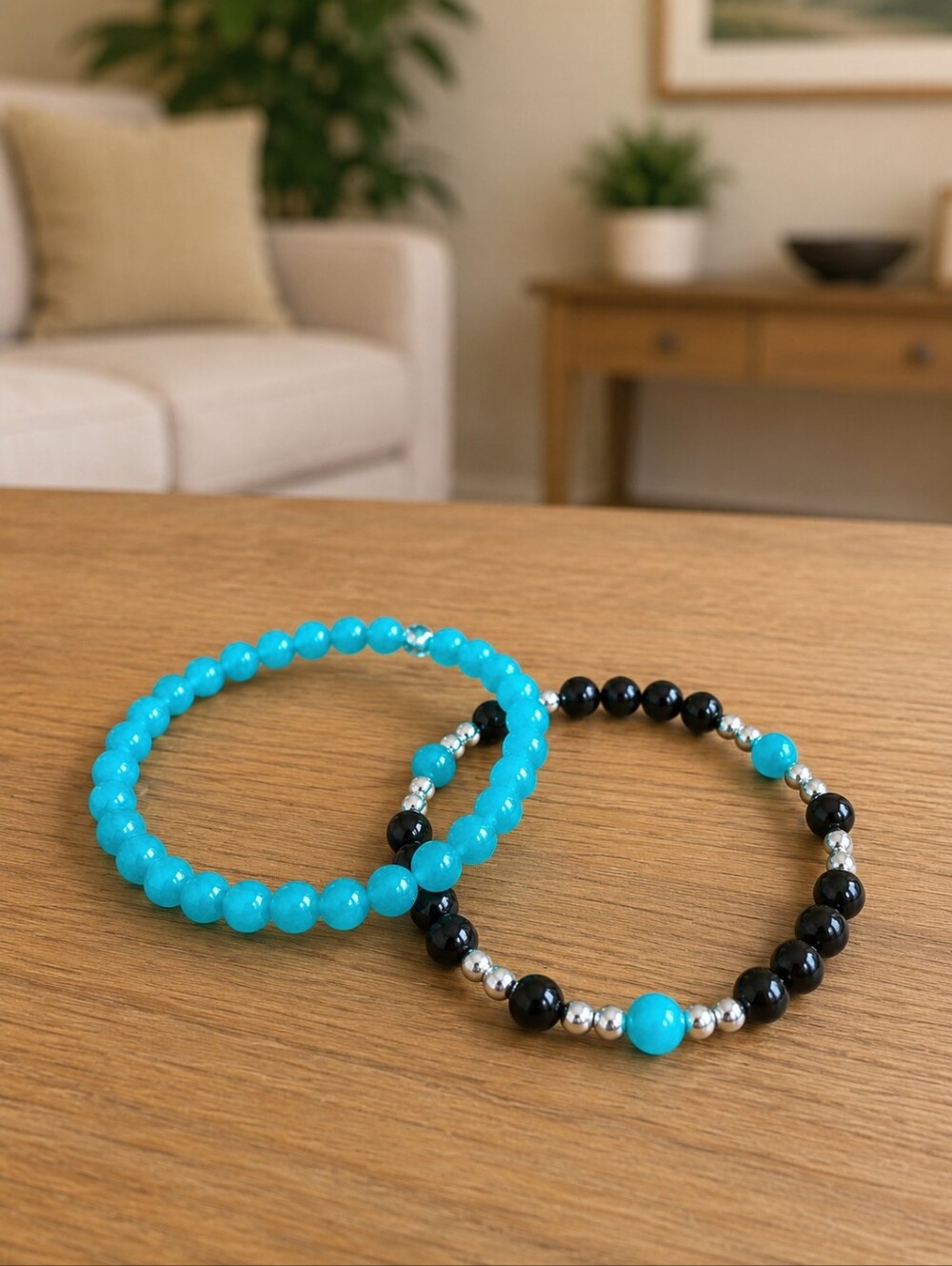 Amazonite, Black Onyx & Silver Hematite Stretch  Bracelet Set | Handcrafted